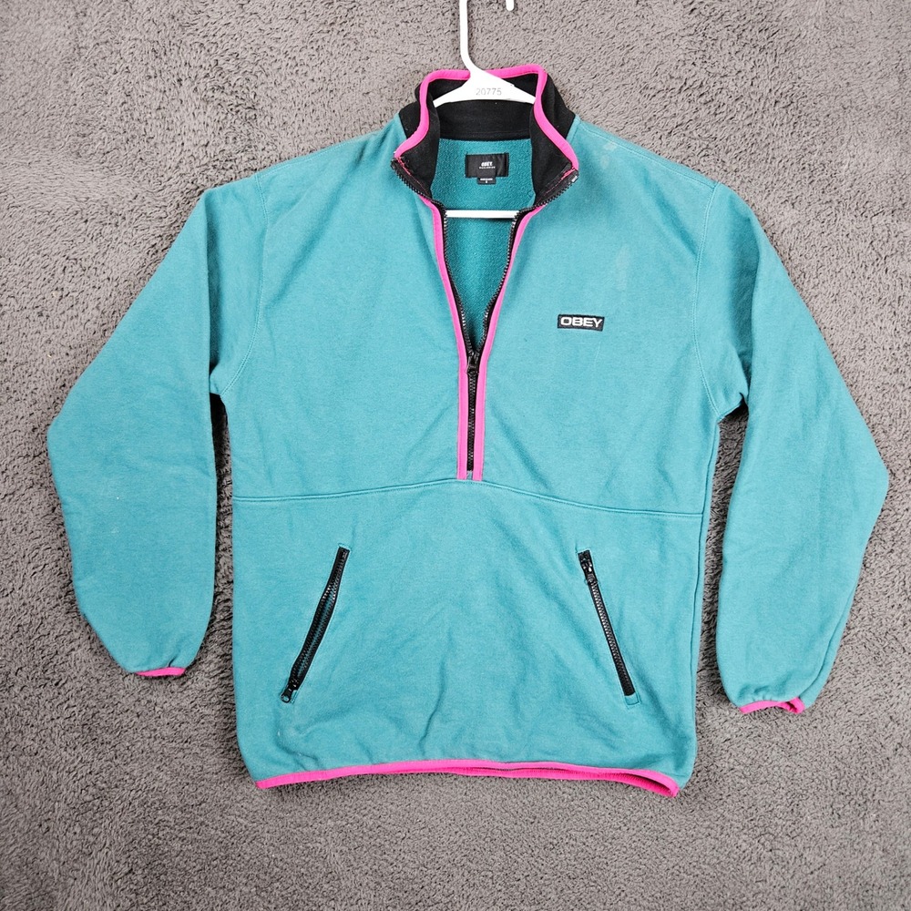 Obey Worldwide Mens Small Teal Pink Half Zip Fleece Pullover Sweatshirt Retro